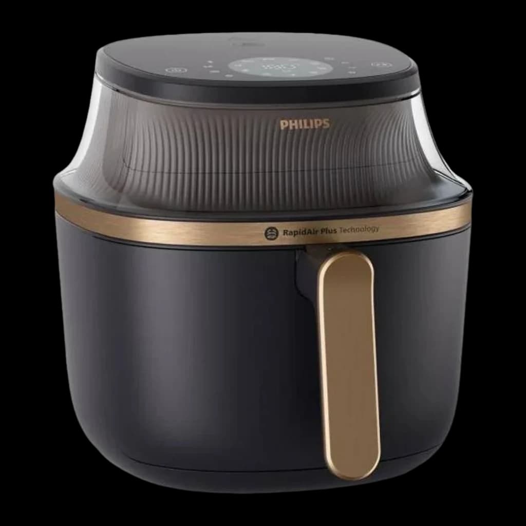 Philips Airfryer Serie 3000 7,2 l Negro Cobre, vista frontal: cesta cerrada, banda y asa cobre, cúpula transparente con logo