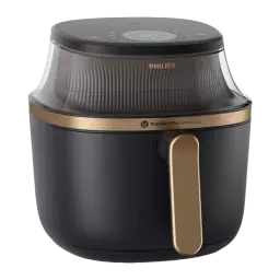 Philips Airfryer Serie 3000 7,2 l Negro Cobre, vista frontal: cesta cerrada, banda y asa cobre, cúpula transparente con logo