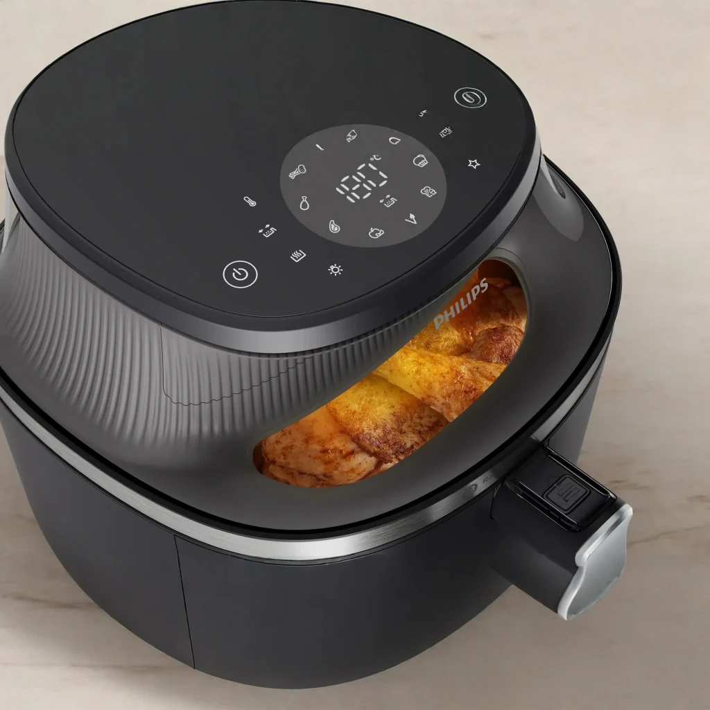 Philips Airfryer Série 3000 7,2 l Preto Cobre, gaveta aberta: frango dourado na cesta, pega cobre e painel tátil superior - Item7