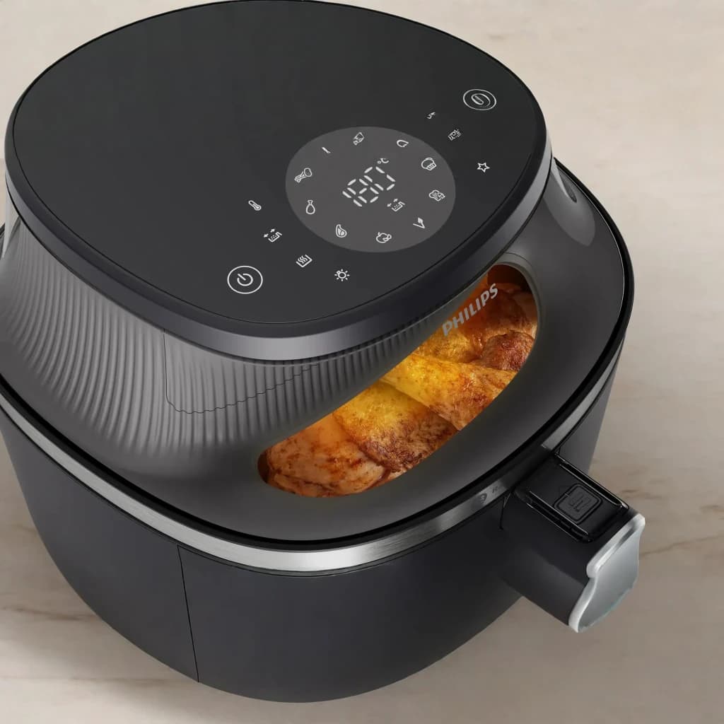 Philips Airfryer Serie 3000 7,2 l Negro Cobre, detalle: ventana interior iluminada con pollo dorado y panel táctil digital