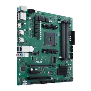 ASUS Pro B550M-C/CSM mATX AM4, vista frontal elevada: socket AM4 centralizado, painel I/O com PS/2, USB 3.2 azul e portas