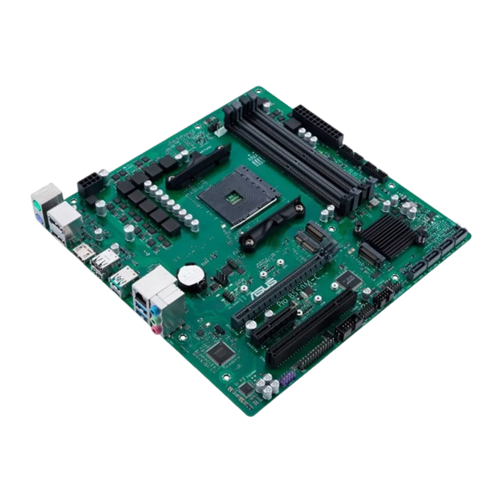 ASUS Pro B550M-C/CSM mATX AM4, vista frontal elevada: socket AM4 centralizado, painel I/O com PS/2, USB 3.2 azul e portas - Item1