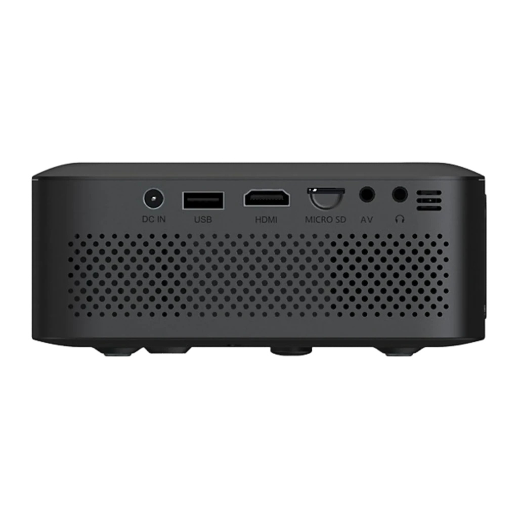 Philips Projetor NeoPix 110 Preto, vista em perspetiva: lente iluminada, painel tátil superior com botões e porta HDMI - Item2