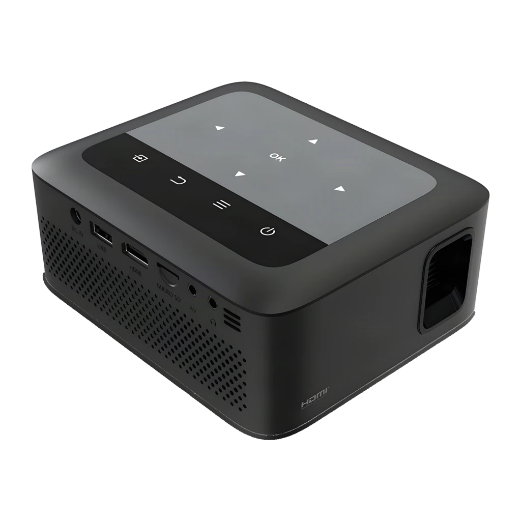 Philips Projetor NeoPix 110 Preto, vista em perspetiva: lente iluminada, painel tátil superior com botões e porta HDMI - Item3