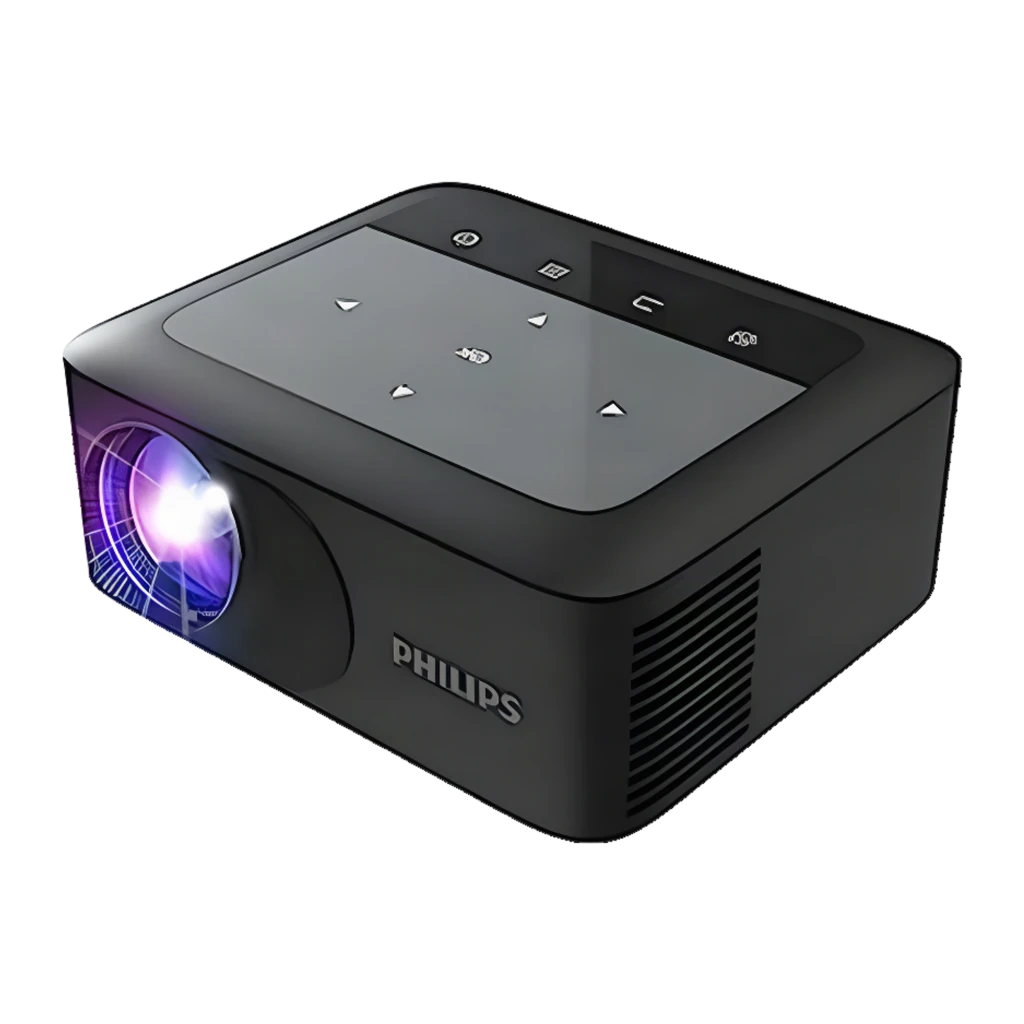 Philips Projetor NeoPix 110 Preto, vista em perspetiva: lente iluminada, painel tátil superior com botões e porta HDMI - Item1