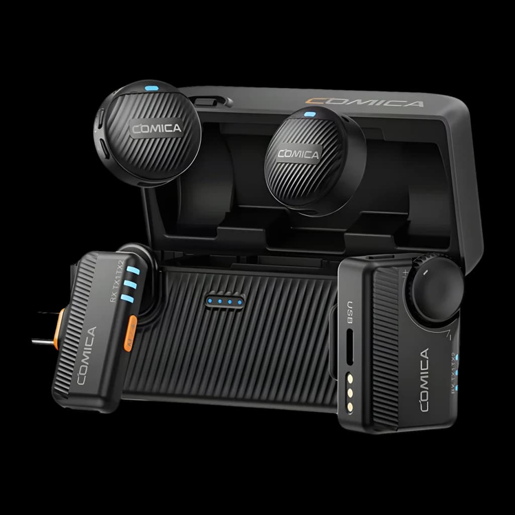 Micrófono inalámbrico Comica Vimo Me Combo Negro USB-C, vista conjunto: estuche abierto con 2 transmisores, receptor USB-C