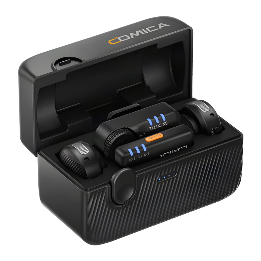 Micrófono inalámbrico Comica Vimo Me Combo Negro USB-C, vista en perspectiva: estuche abierto con receptor y dos