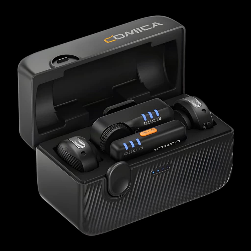 Micrófono inalámbrico Comica Vimo Me Combo Negro USB-C, vista en perspectiva: estuche abierto con receptor y dos