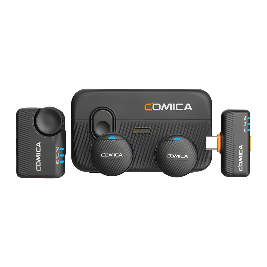 Micrófono inalámbrico Comica Vimo Me Combo Negro USB-C, vista conjunto: estuche cargador, dos transmisores redondos