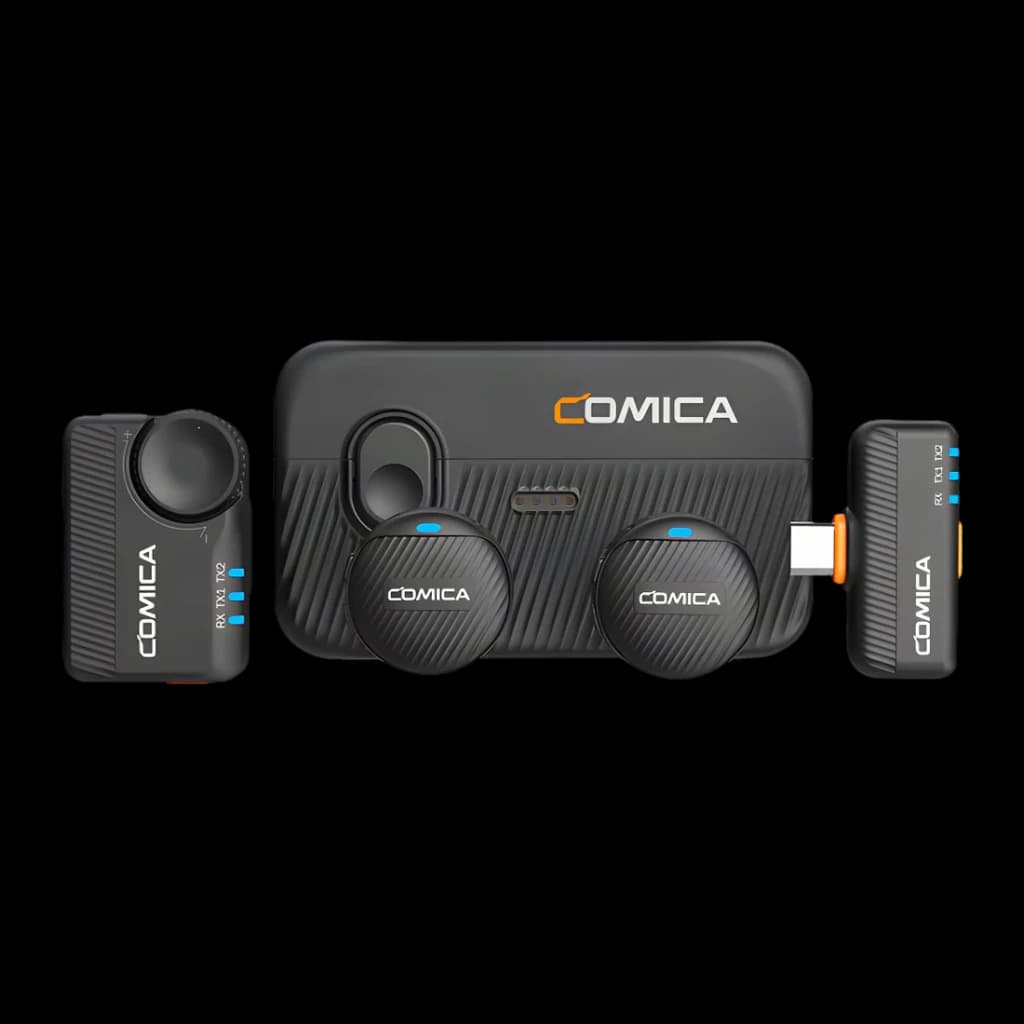 Micrófono inalámbrico Comica Vimo Me Combo Negro USB-C, vista conjunto: estuche cargador, dos transmisores redondos