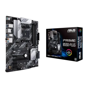 ASUS PRIME B550-PLUS ATX AM4 preto prata, vista com caixa: placa-mãe em ângulo ao lado da caixa retail com logo Aura Sync