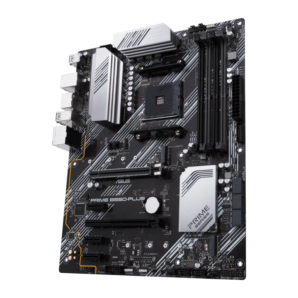 ASUS PRIME B550-PLUS ATX AM4 preto prata, vista com caixa: placa-mãe em ângulo ao lado da caixa retail com logo Aura Sync - Item2