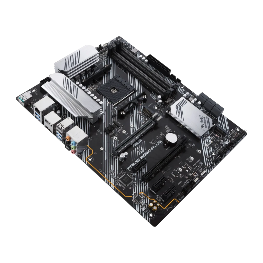 ASUS PRIME B550-PLUS ATX AM4 preto prata, vista com caixa: placa-mãe em ângulo ao lado da caixa retail com logo Aura Sync - Item3