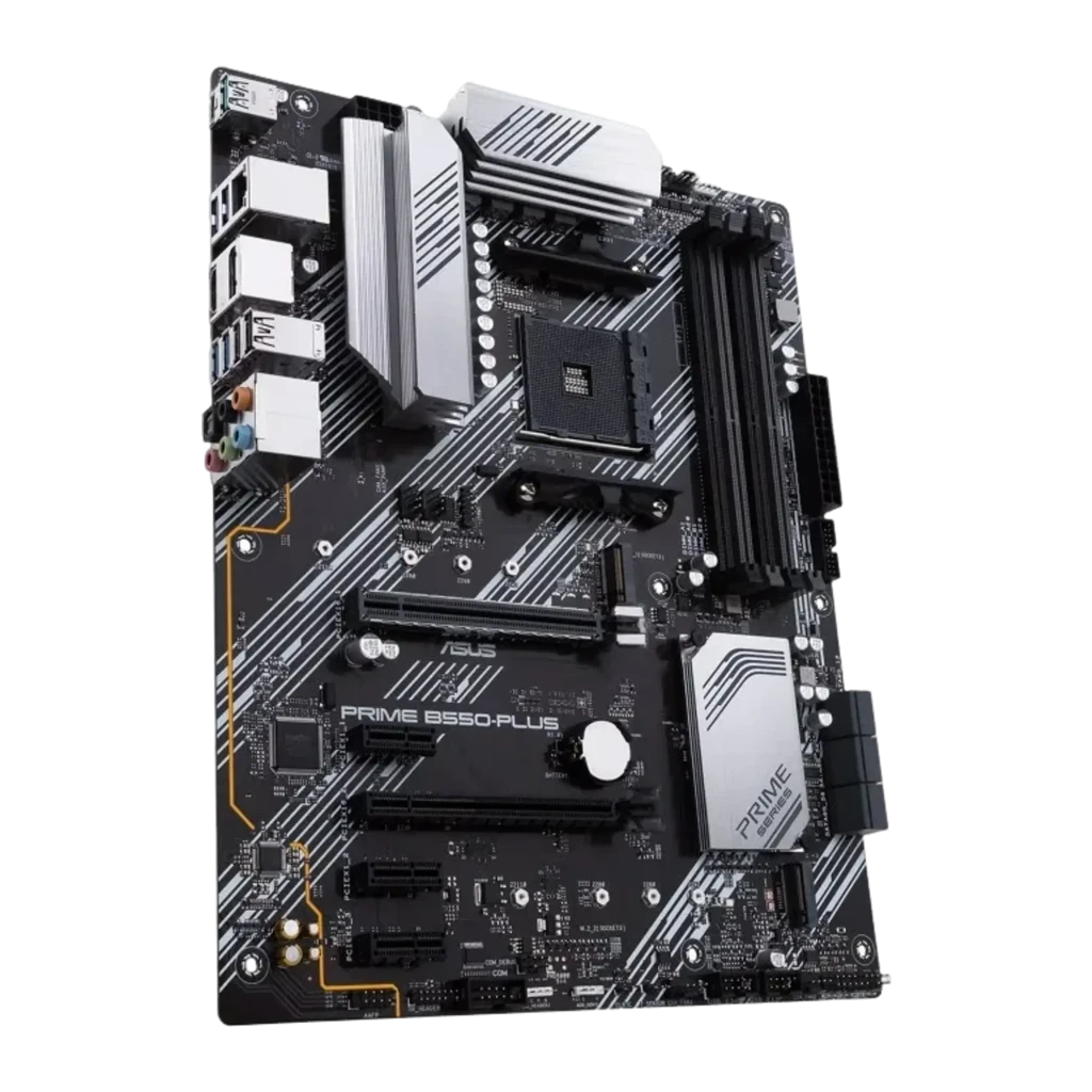 ASUS PRIME B550-PLUS ATX AM4 preto prata, vista com caixa: placa-mãe em ângulo ao lado da caixa retail com logo Aura Sync - Item4
