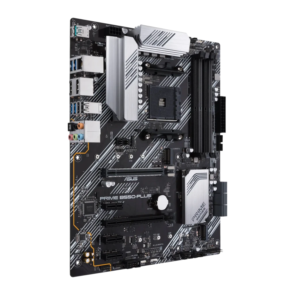 ASUS PRIME B550-PLUS ATX AM4 preto prata, vista com caixa: placa-mãe em ângulo ao lado da caixa retail com logo Aura Sync - Item1