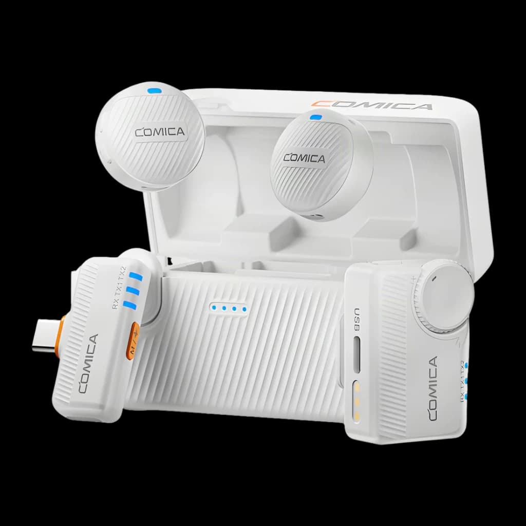 Micrófono inalámbrico Comica Vimo Me Combo Blanco TRRS 2 TX + 1 RX Estuche de Carga, vista frontal: estuche abierto con 2 TX