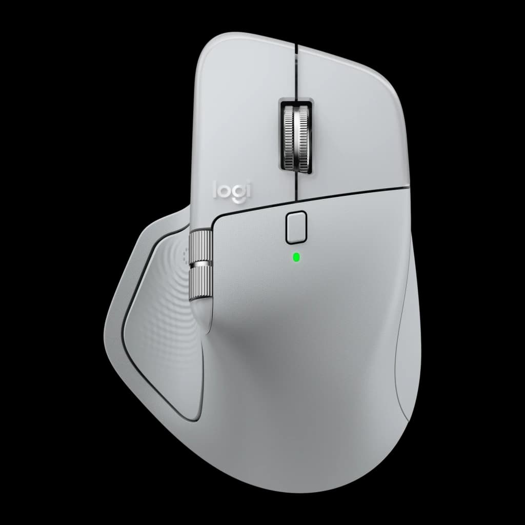 Logitech Rato MX Master 4 Cinzento, vista superior em ângulo: roda metálica, LED verde, roda lateral e logo logi