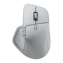 Logitech Rato MX Master 4 Cinzento, vista superior em ângulo: roda metálica, LED verde, roda lateral e logo logi