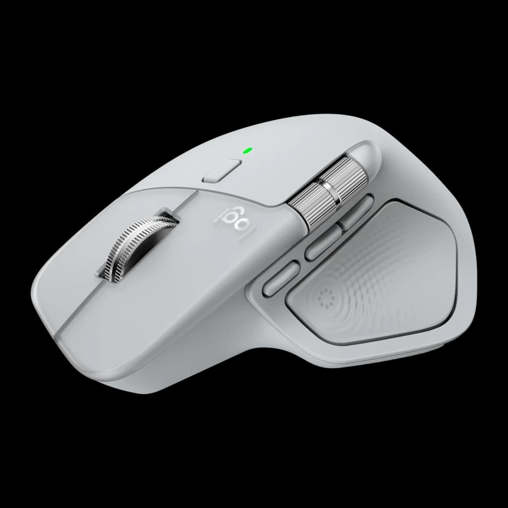 Logitech Rato MX Master 4 Cinzento, vista superior em ângulo: roda principal, roda lateral, botões laterais e LED verde