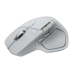 Logitech Rato MX Master 4 Cinzento, vista superior em ângulo: roda principal, roda lateral, botões laterais e LED verde