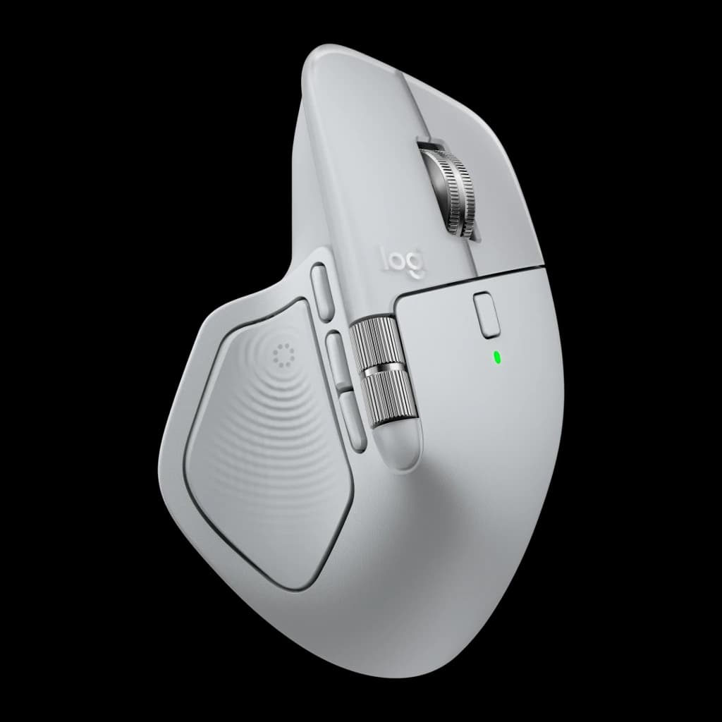 Logitech Rato MX Master 4 Cinzento, vista lateral esquerda: zona do polegar com roda lateral, botões e textura ergonómica