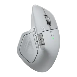 Logitech Rato MX Master 4 Cinzento, vista lateral esquerda: zona do polegar com roda lateral, botões e textura ergonómica