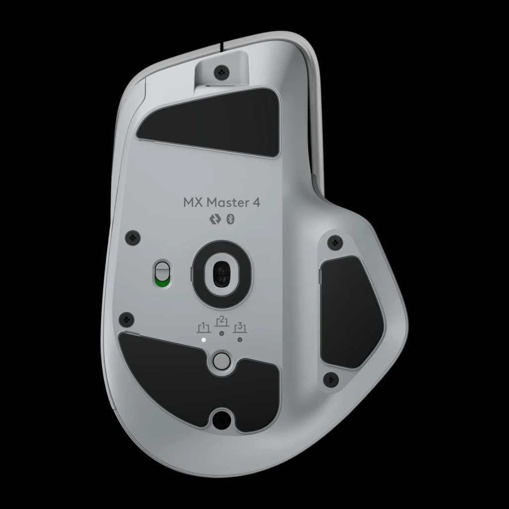 Logitech Rato MX Master 4 Cinzento, vista inferior: sensor óptico, seletor de dispositivos, logo MX Master 4 e ícones