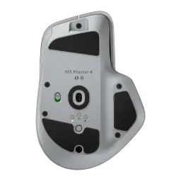 Logitech Rato MX Master 4 Cinzento, vista inferior: sensor óptico, seletor de dispositivos, logo MX Master 4 e ícones