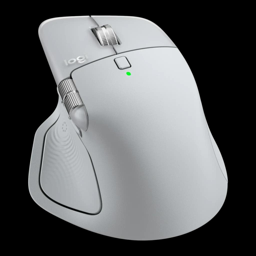 Logitech Rato MX Master 4 Cinzento, vista frontal em ângulo: perfil alto ergonómico, roda principal e LED verde visíveis