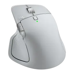 Logitech Rato MX Master 4 Cinzento, vista frontal em ângulo: perfil alto ergonómico, roda principal e LED verde visíveis