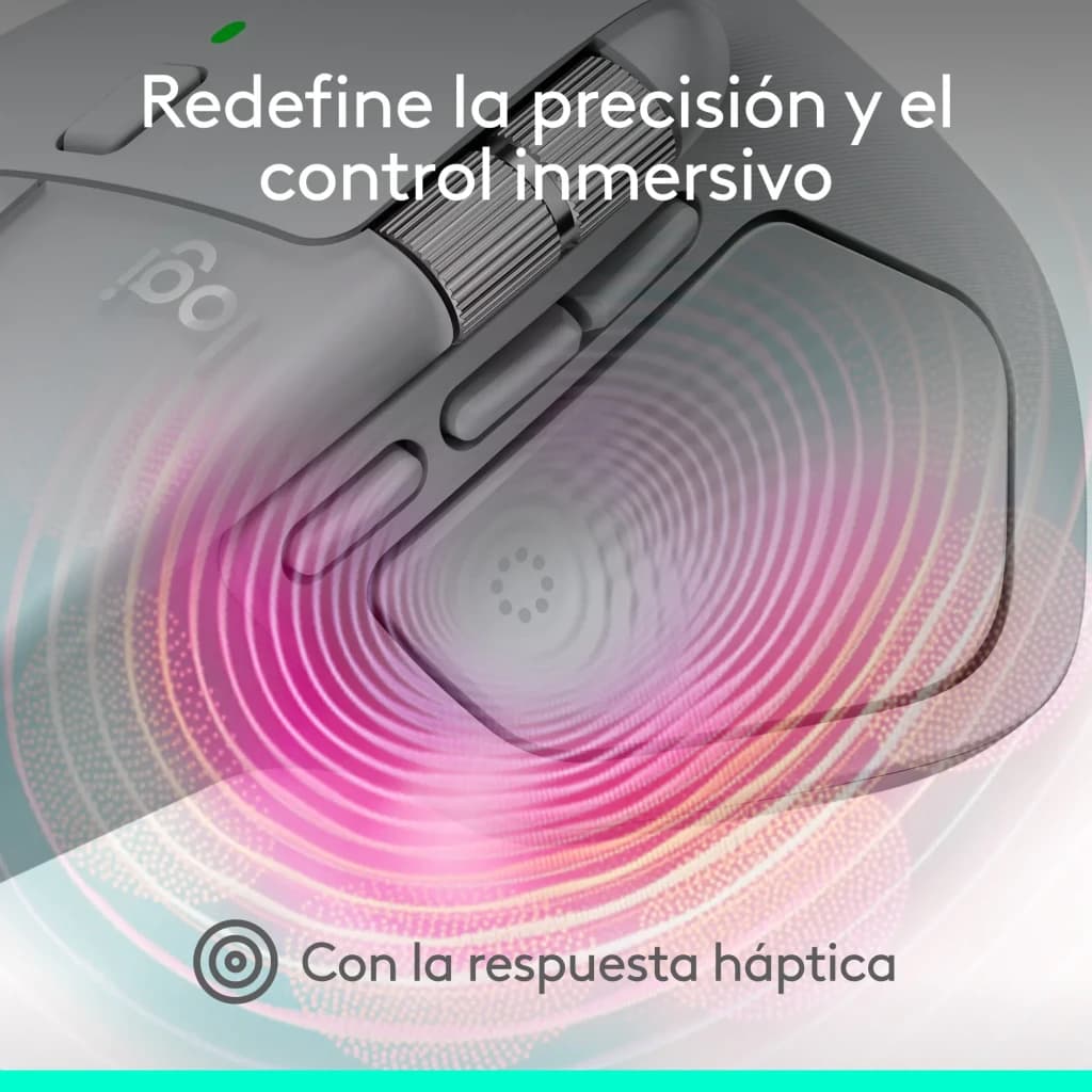 Logitech Rato MX Master 4 Cinzento, detalhe lateral: roda de deslocamento e botões laterais com efeito háptico visual