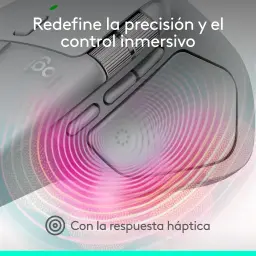 Logitech Rato MX Master 4 Cinzento, detalhe lateral: roda de deslocamento e botões laterais com efeito háptico visual
