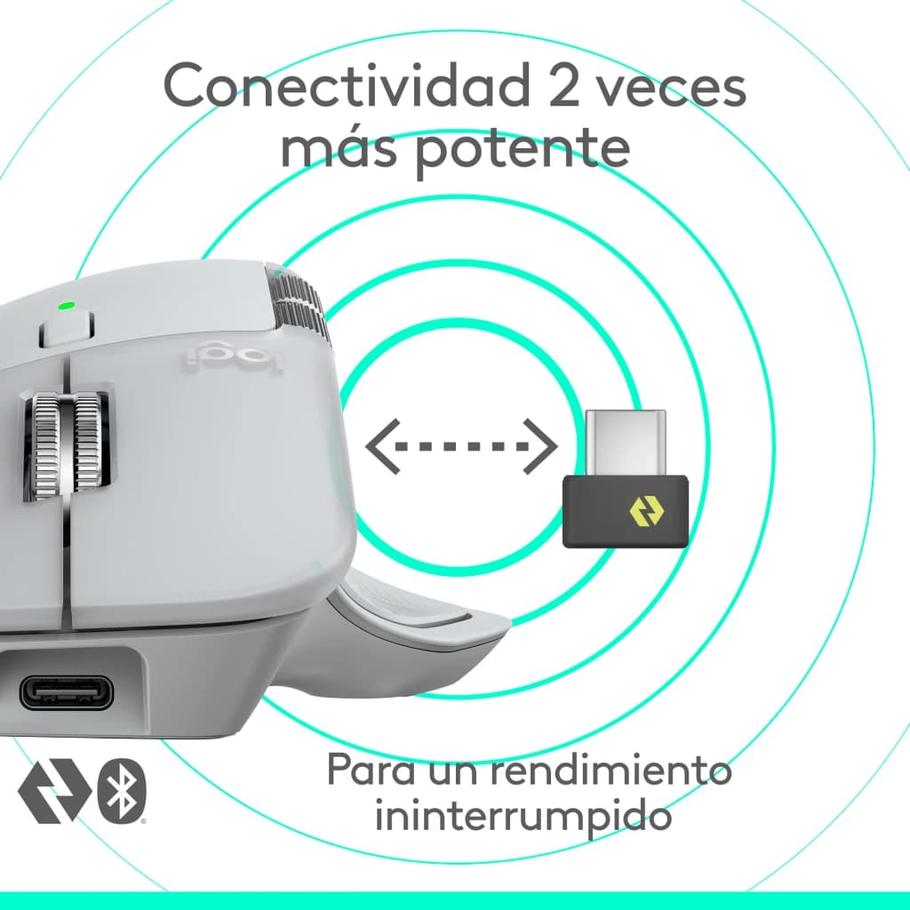 Logitech Rato MX Master 4 Cinzento Pálido, vista frontal: parte dianteira com recetor USB Bolt e conectividade sem fios