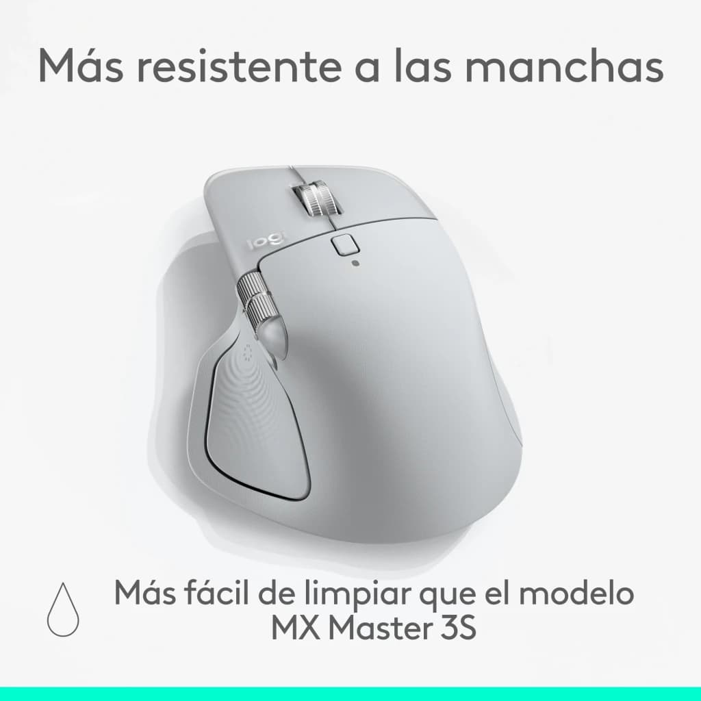Logitech Rato MX Master 4 Cinzento Pálido, vista superior: superfície resistente a manchas, roda e botões laterais visíveis