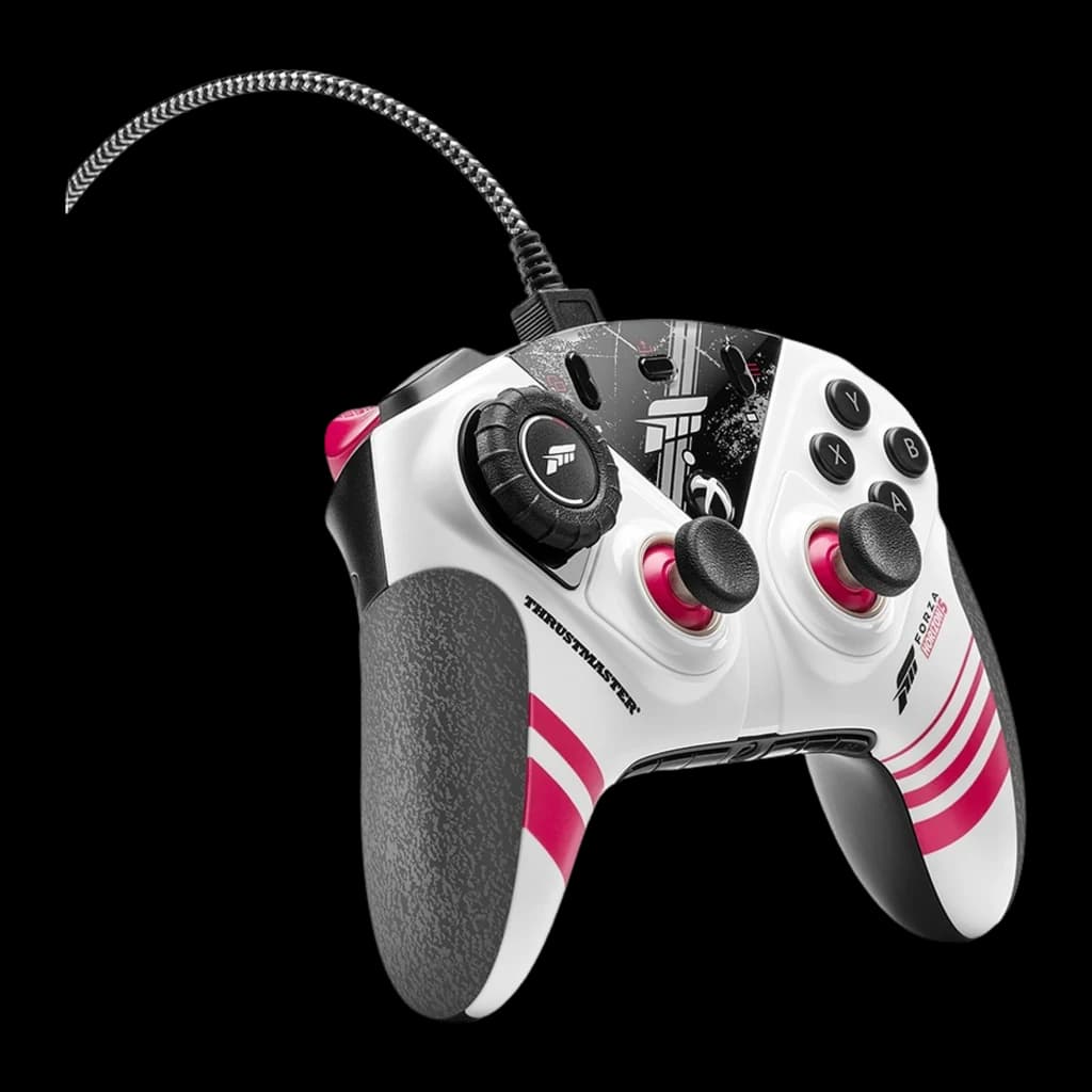 Thrustmaster eSwap X R Pro Forza Horizon 5 Multicolor, vue en angle: perspective latérale avec sticks interchangeables roses