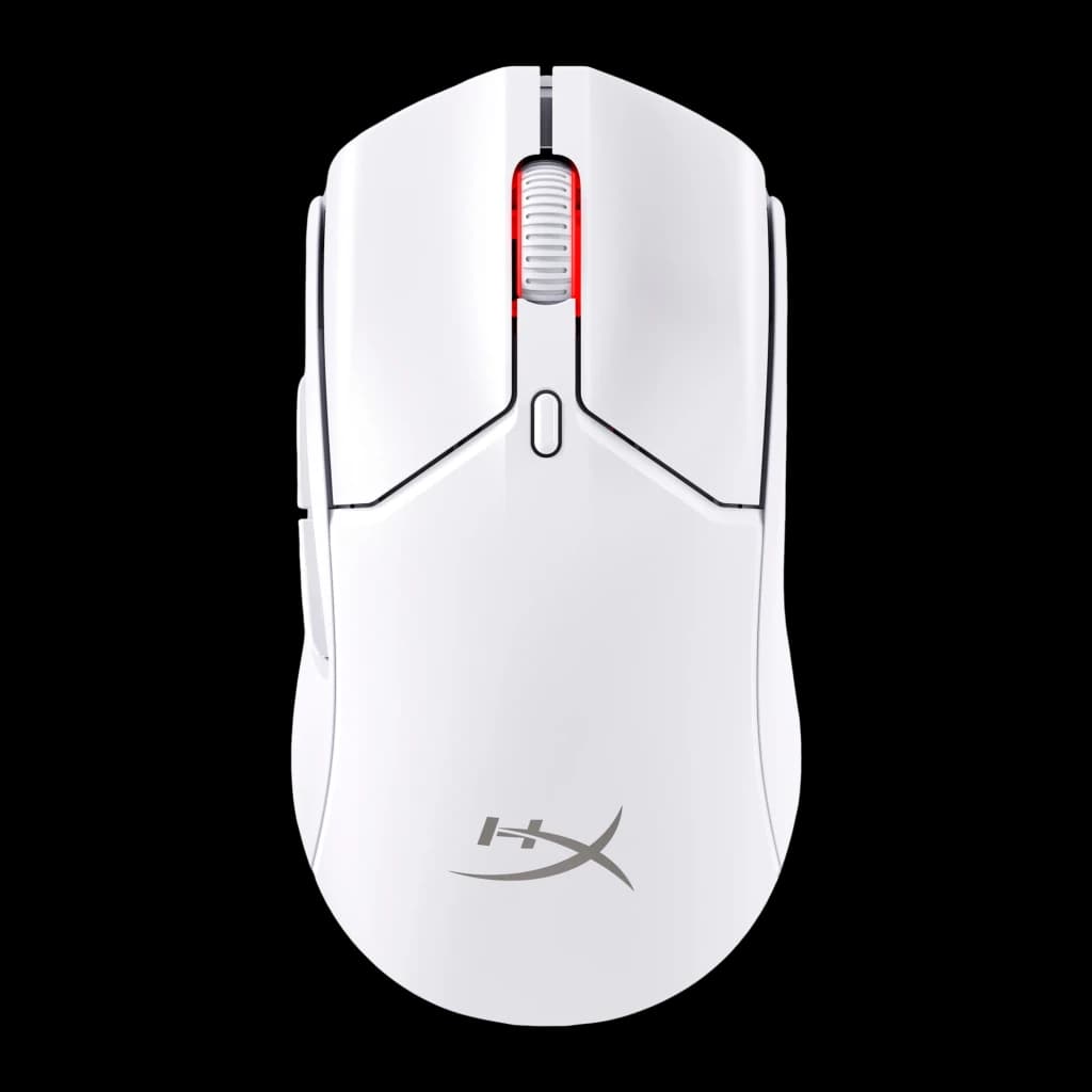 HyperX Pulsefire Haste 2 Mini Wireless blanc, vue du dessus: molette LED rouge, boutons et logo HX