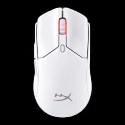 HyperX Pulsefire Haste 2 Mini Wireless blanc, vue du dessus: molette LED rouge, boutons et logo HX