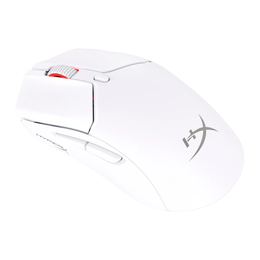 HyperX Pulsefire Haste 2 Mini Wireless blanc, vue du dessus: molette LED rouge, boutons et logo HX - Ítem1