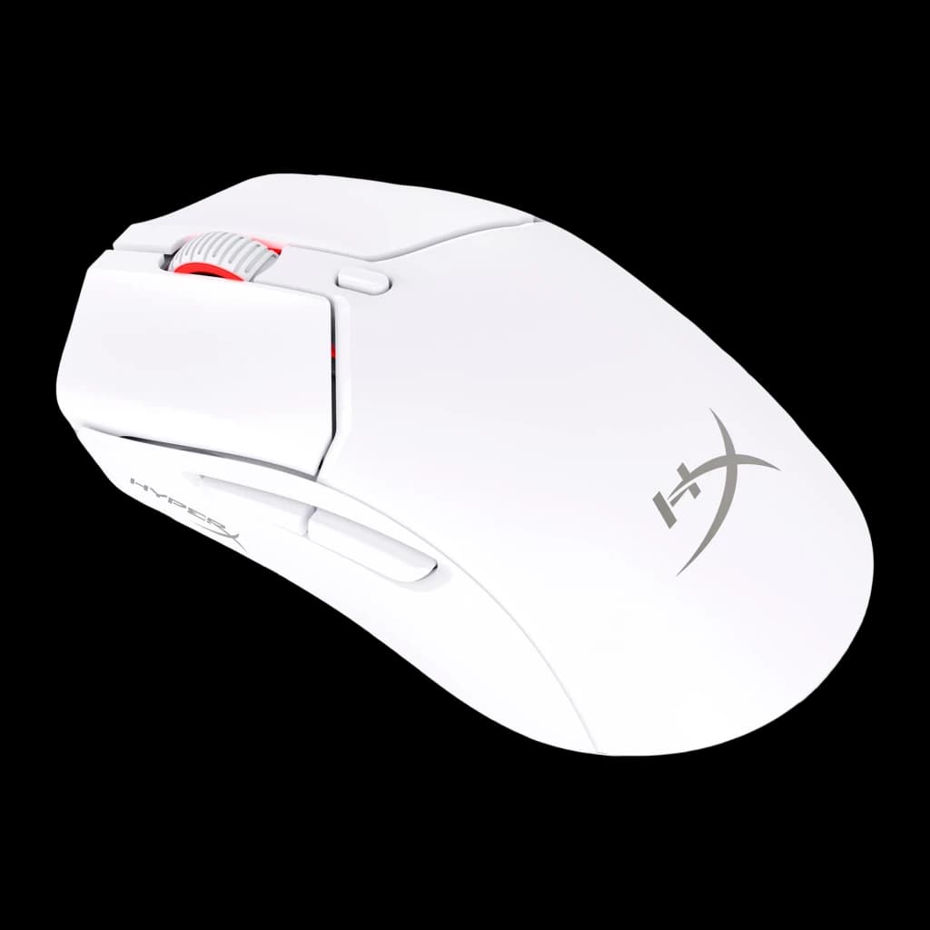 HyperX Pulsefire Haste 2 Mini Wireless blanc, perspective côté gauche: boutons latéraux et molette rouge visibles