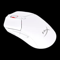 HyperX Pulsefire Haste 2 Mini Wireless blanc, perspective côté gauche: boutons latéraux et molette rouge visibles