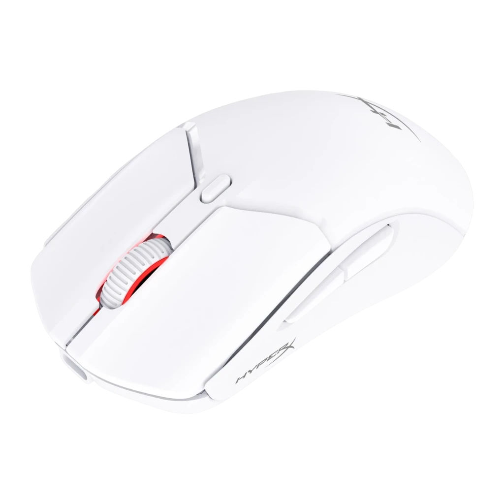 HyperX Pulsefire Haste 2 Mini Wireless blanc, vue du dessus: molette LED rouge, boutons et logo HX - Ítem2