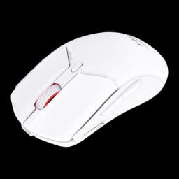 HyperX Pulsefire Haste 2 Mini Wireless blanc, perspective avant: molette avec accent rouge et bouton DPI mis en avant