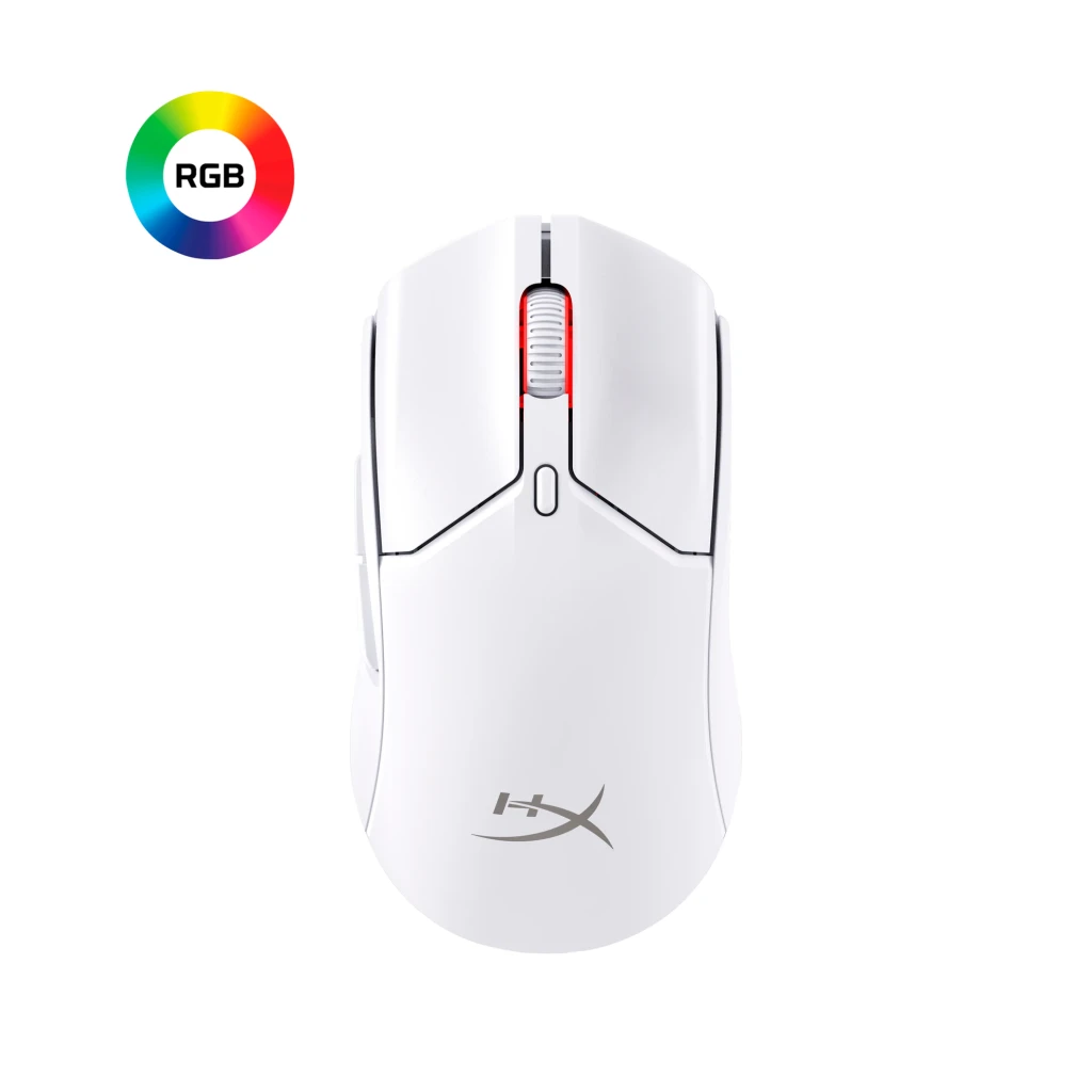 HyperX Pulsefire Haste 2 Mini Wireless blanc, vue du dessus: molette LED rouge, boutons et logo HX - Ítem3