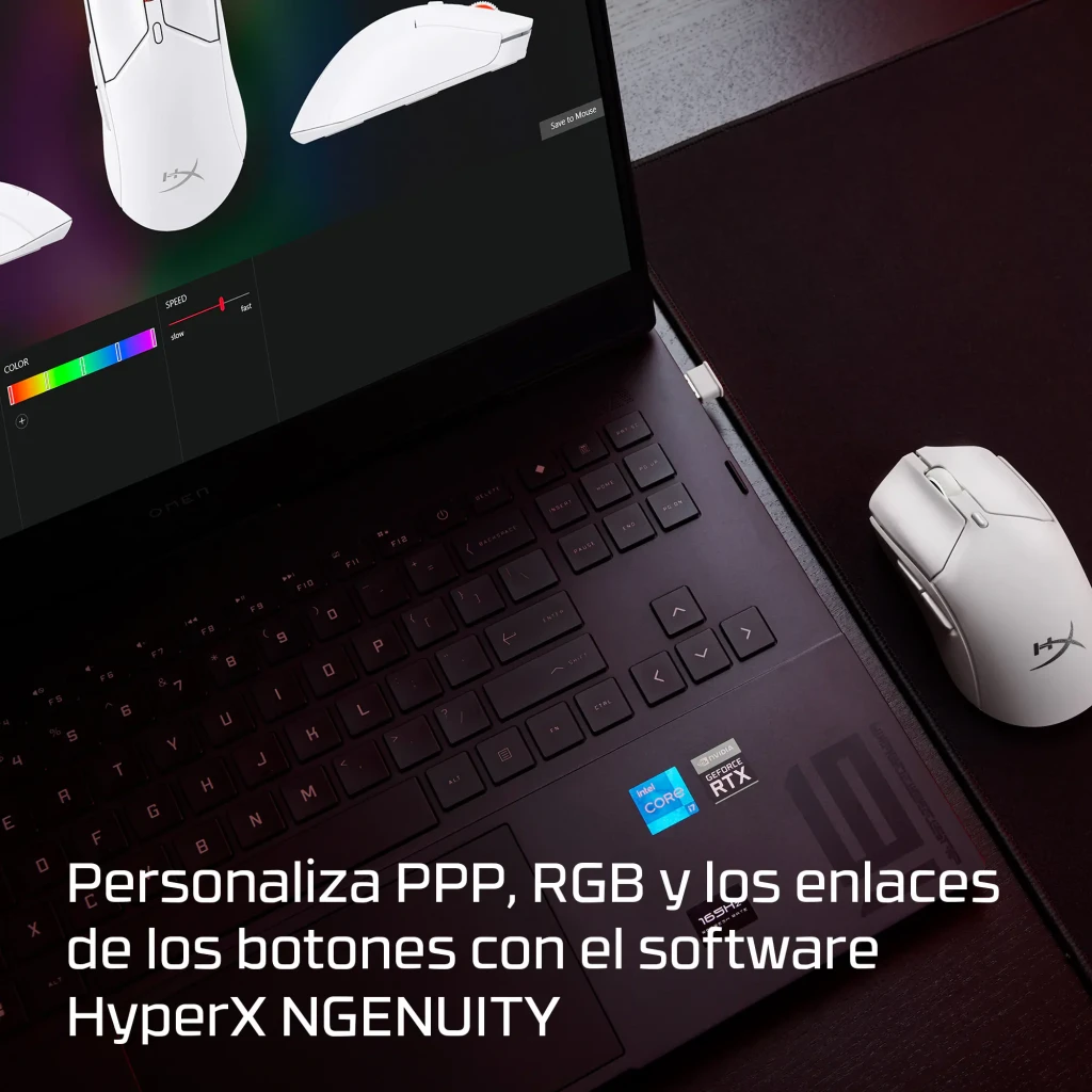 HyperX Pulsefire Haste 2 Mini Wireless blanc, vue du dessus: molette LED rouge, boutons et logo HX - Ítem4