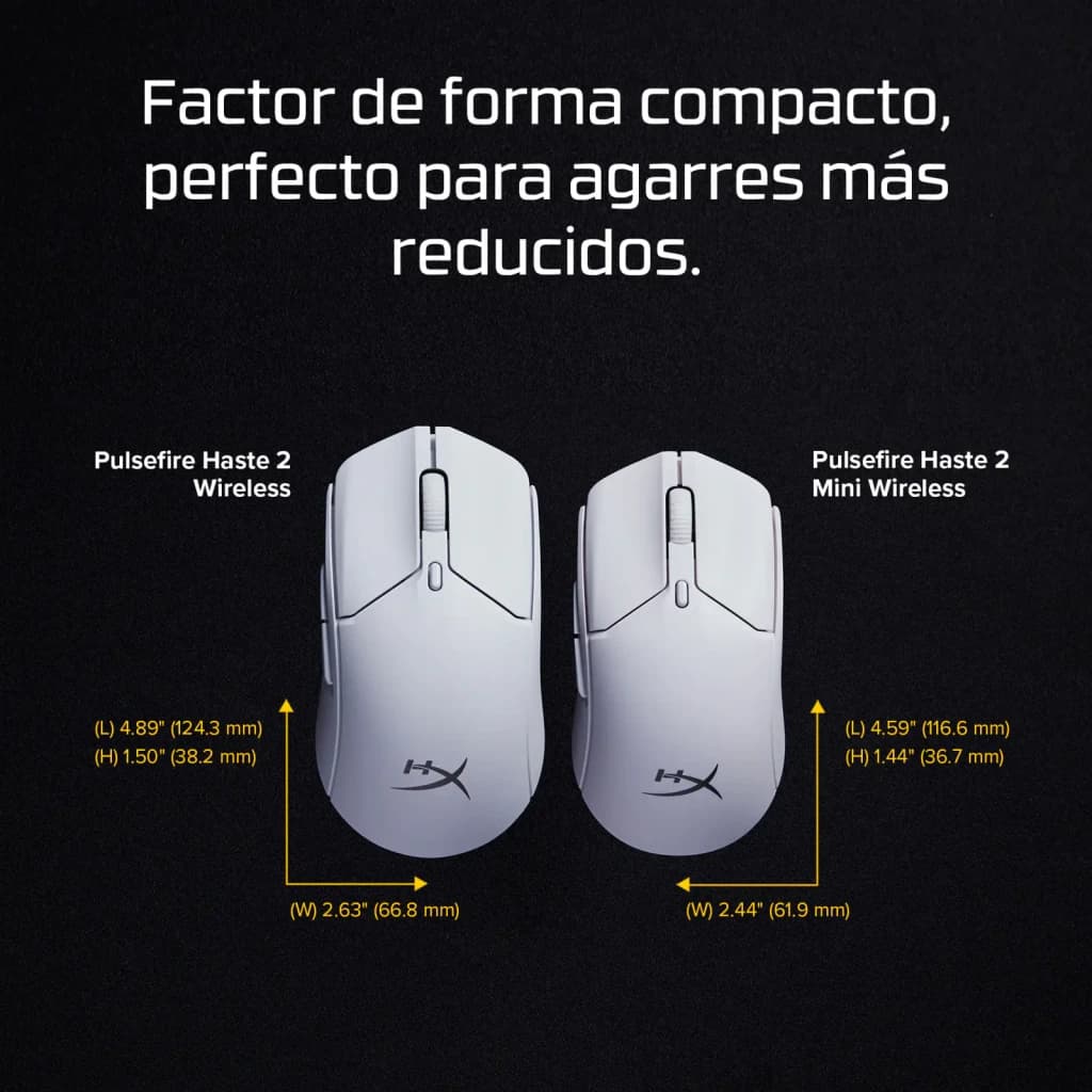HyperX Pulsefire Haste 2 Mini Wireless blanc, comparaison de taille: dimensions avec le modèle standard