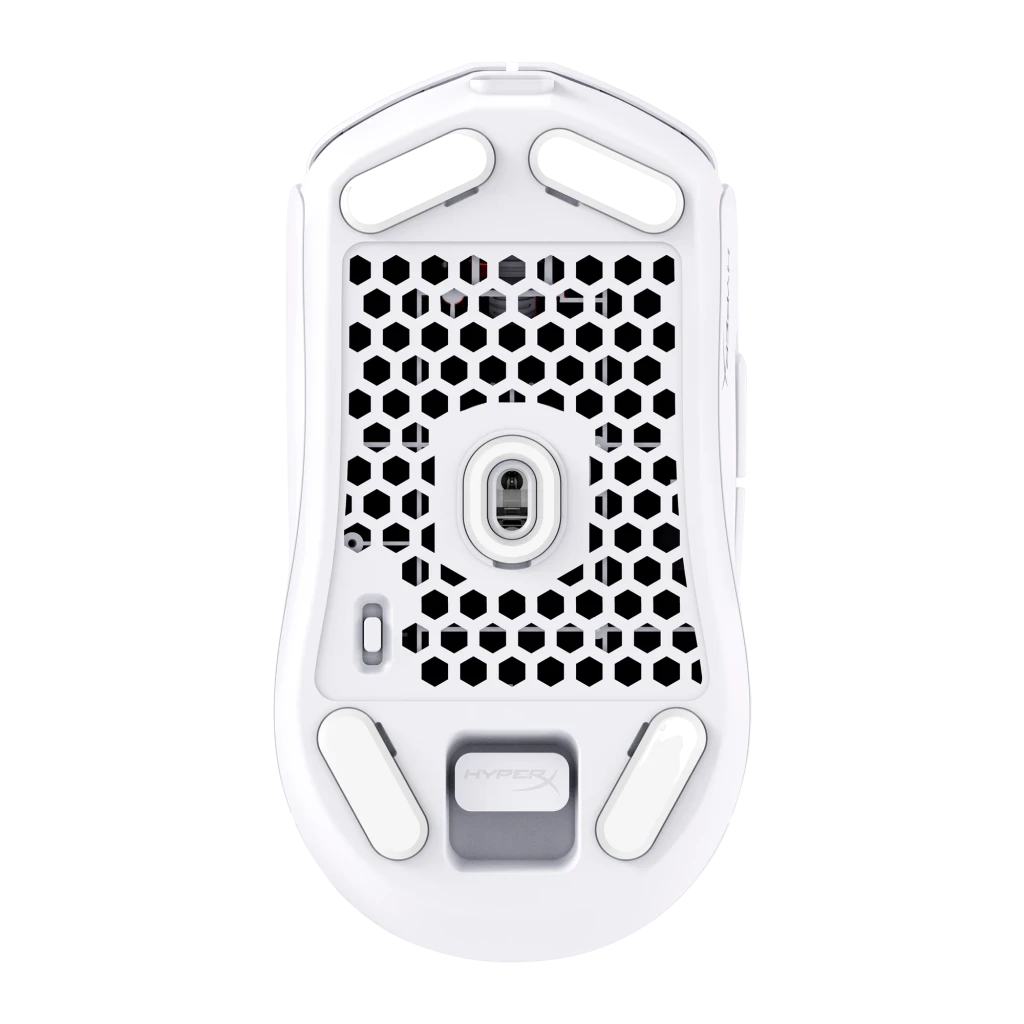 HyperX Pulsefire Haste 2 Mini Wireless blanc, vue du dessus: molette LED rouge, boutons et logo HX - Ítem7