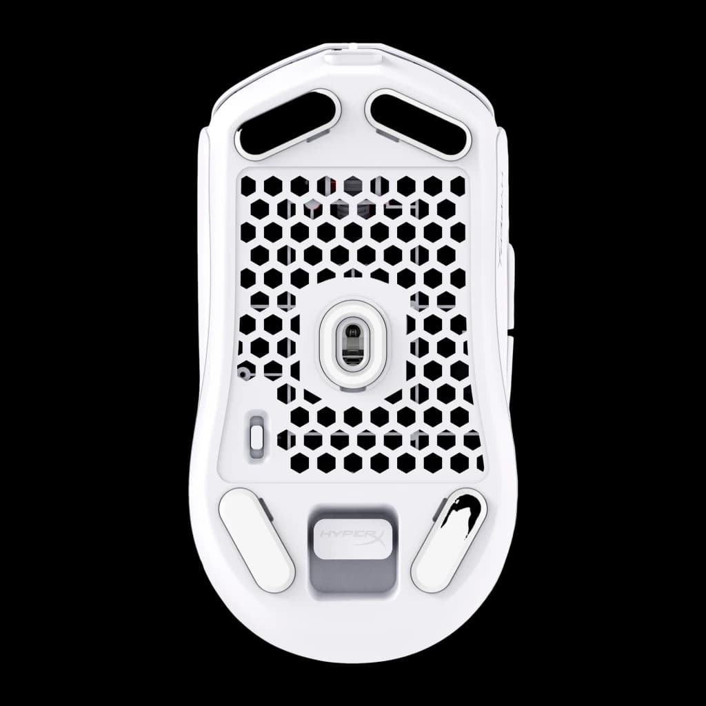 HyperX Pulsefire Haste 2 Mini Wireless blanc, vue inférieure: coque hexagonale, capteur optique et patins de glisse