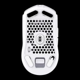 HyperX Pulsefire Haste 2 Mini Wireless blanc, vue inférieure: coque hexagonale, capteur optique et patins de glisse