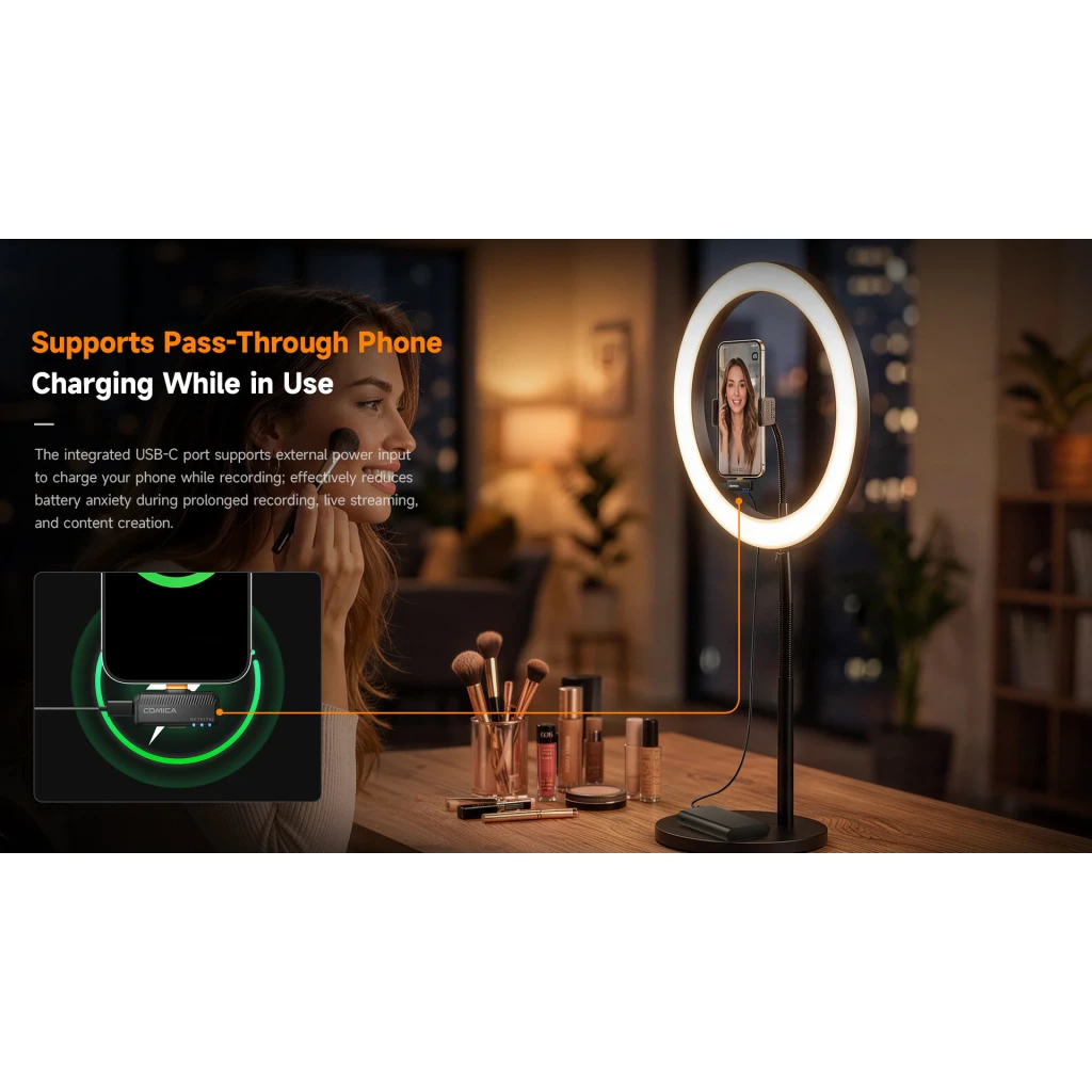 Microphone sans fil Comica Vimo Me Smartphone Combo Noir Omnidirectionnel USB-C, usage: femme en streaming avec ring light