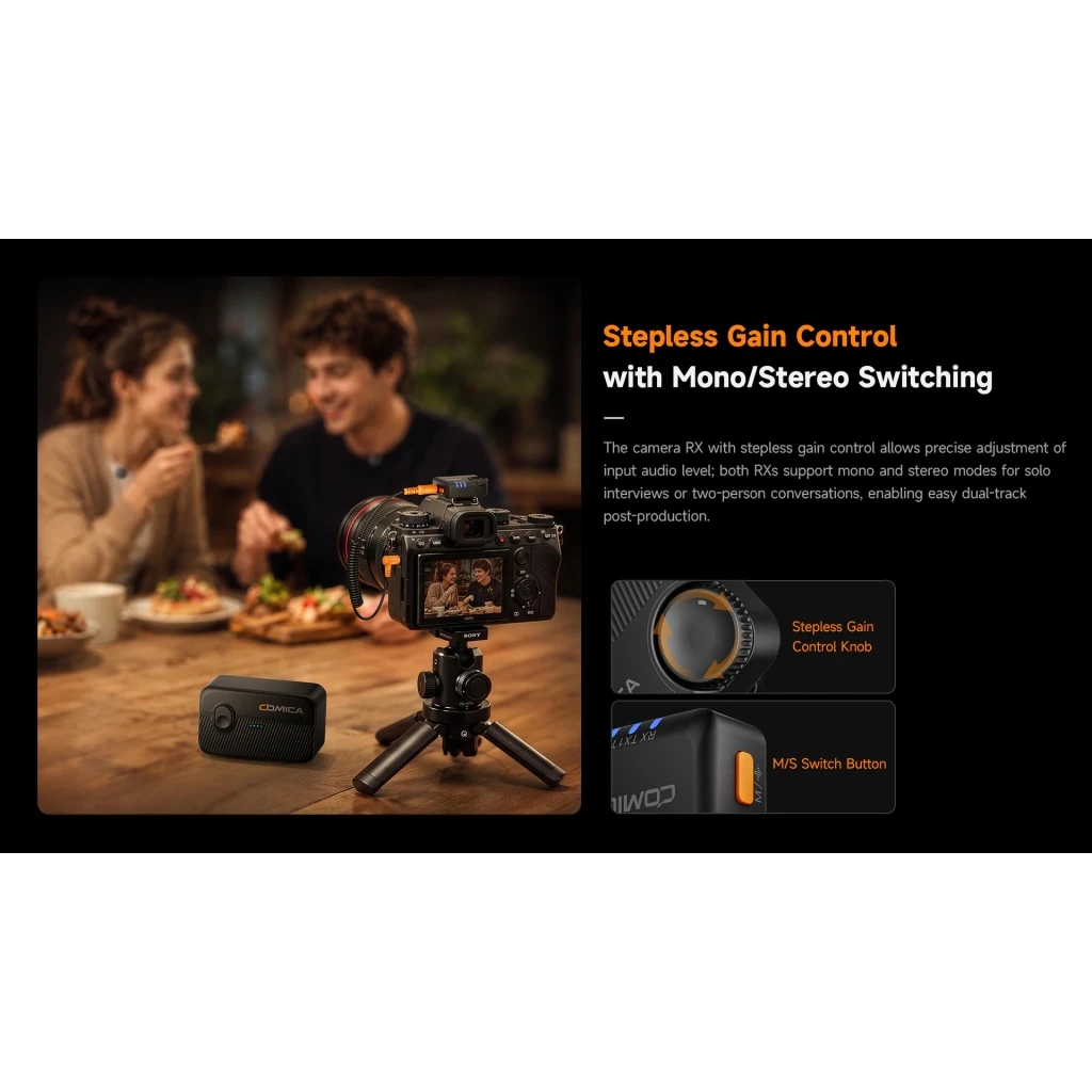 Microphone sans fil Comica Vimo Me Smartphone Combo Noir Omnidirectionnel USB-C, détail: molette de gain continu et bouton